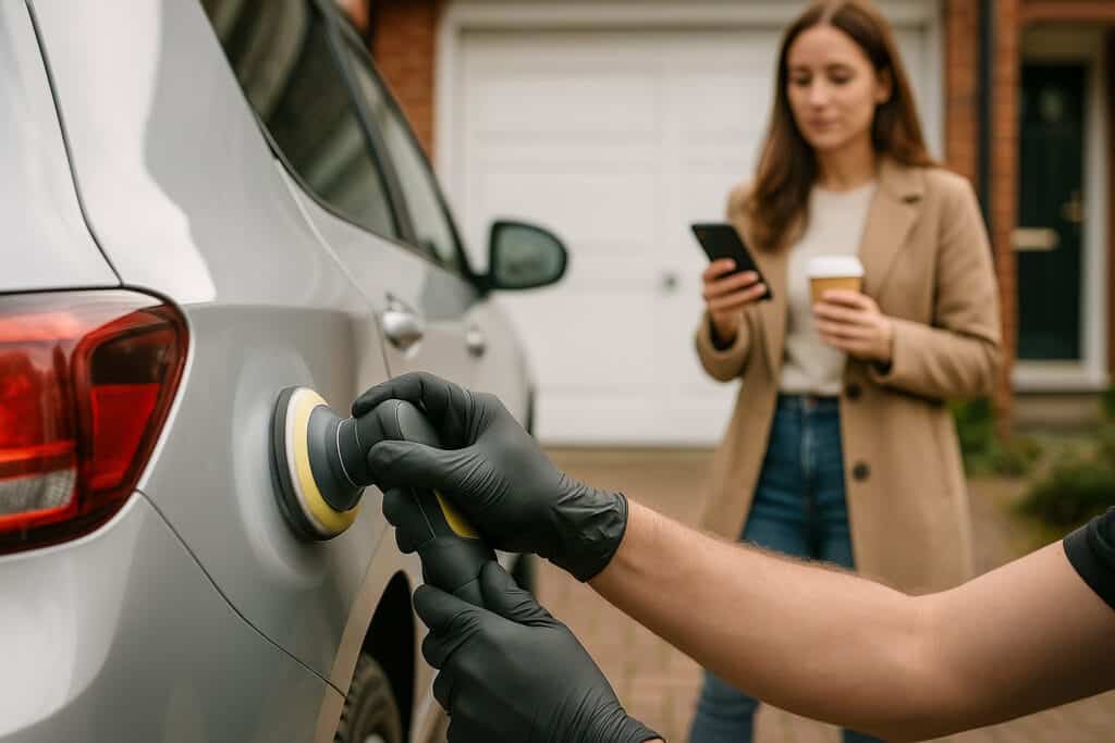Technician polishing a car with a buffer in a driveway.