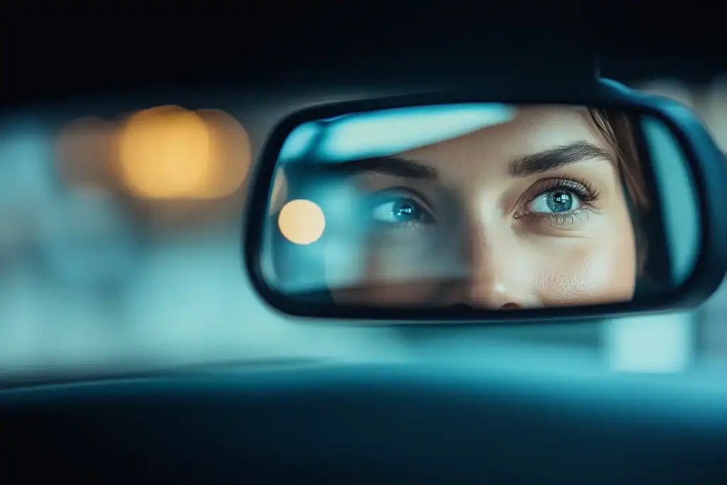 Close-up of woman's eyes reflected in car rearview mirror.