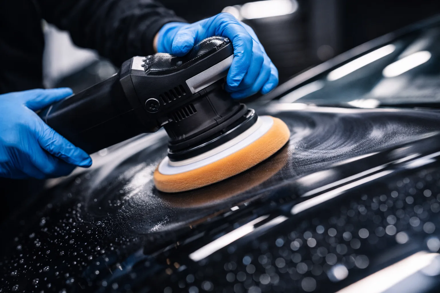 Professional car polishing with a buffer machine at Washdoctors.
