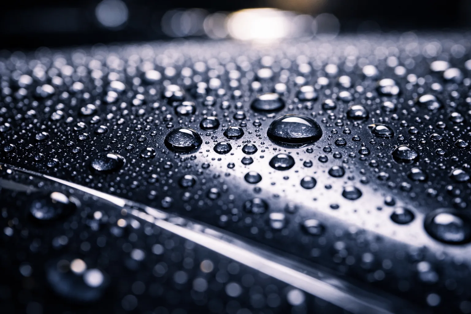 Close-up of a car's surface with water droplets after washing or rain.