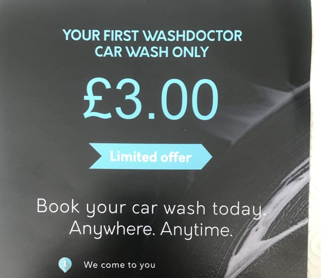 Car wash offer for £3.00 at Washdoctors with limited-time deal.