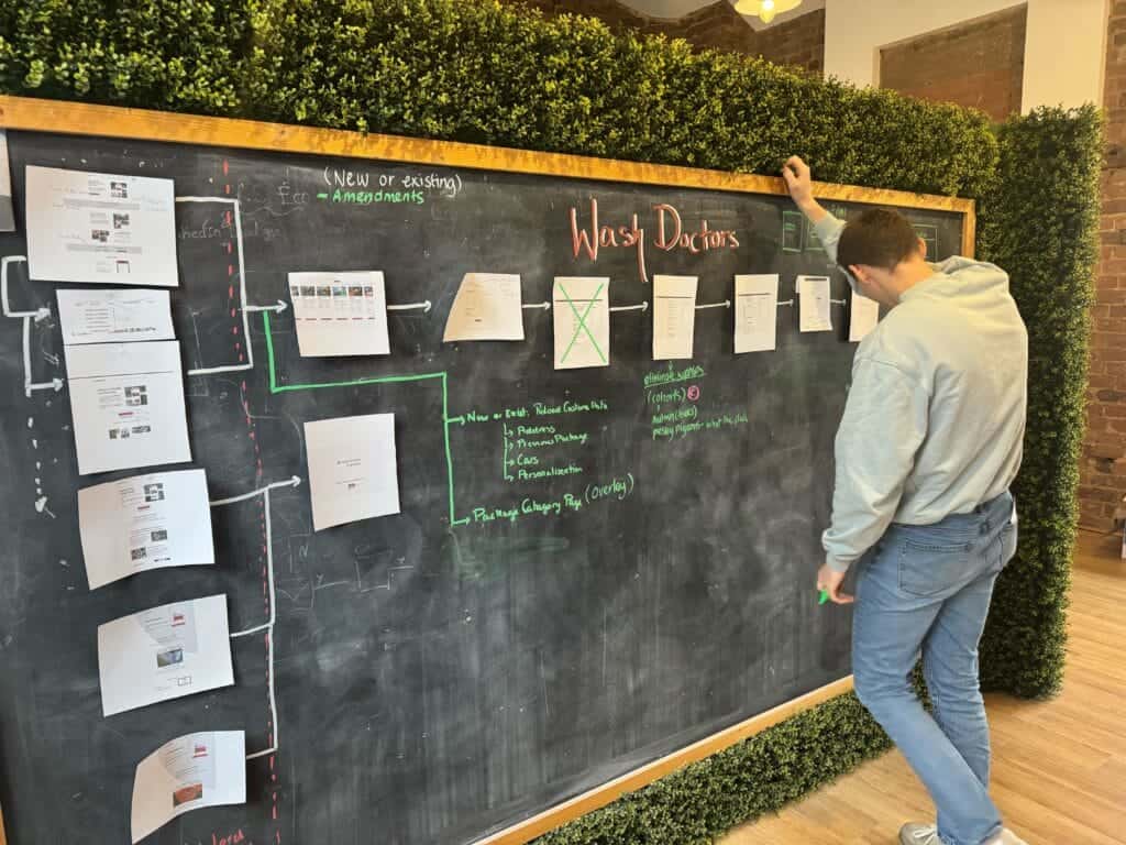 Team planning and strategising on a large chalkboard at Washdoctors office.